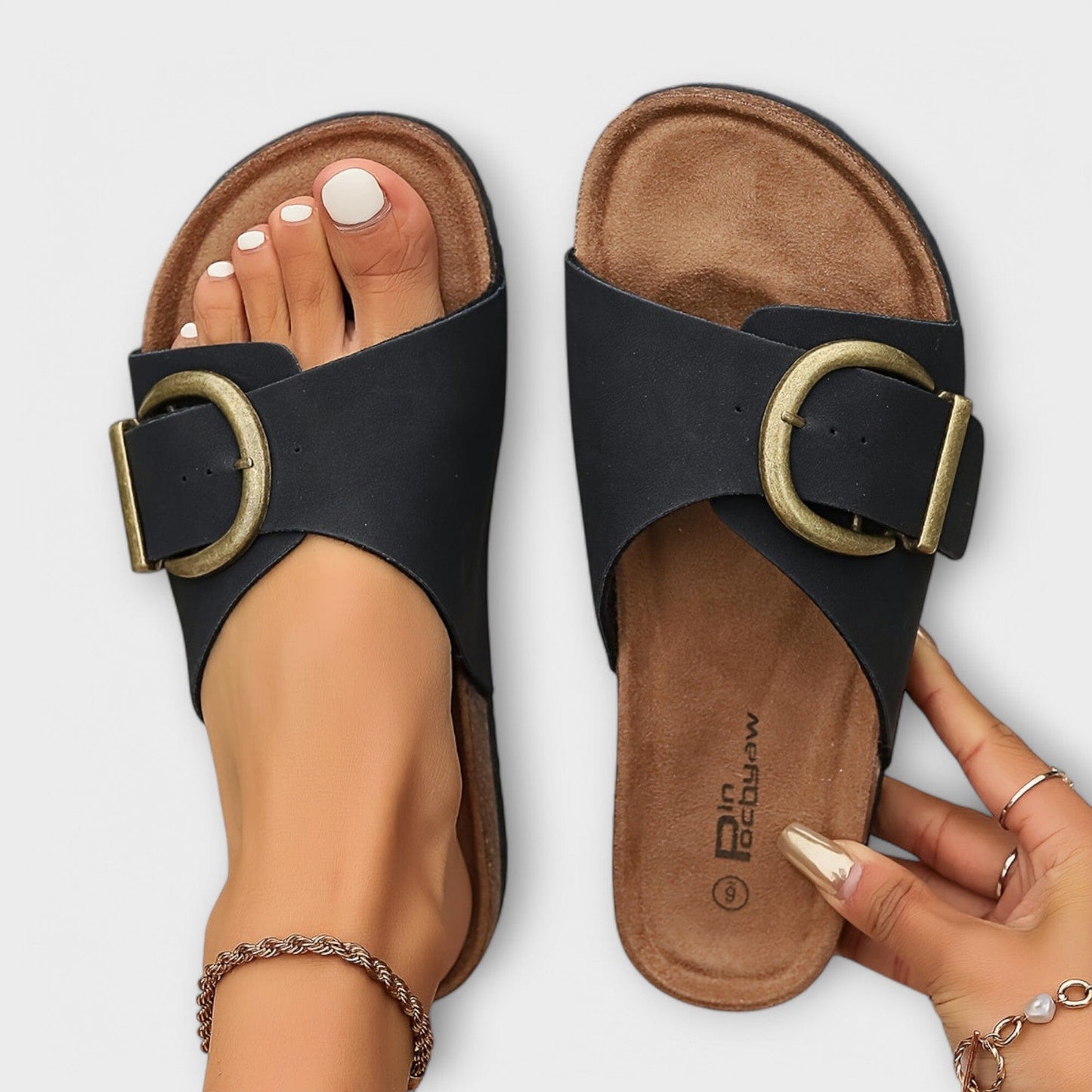 Clara – Sandalias de corcho estilo pantufla para mujer con diseño de hebilla