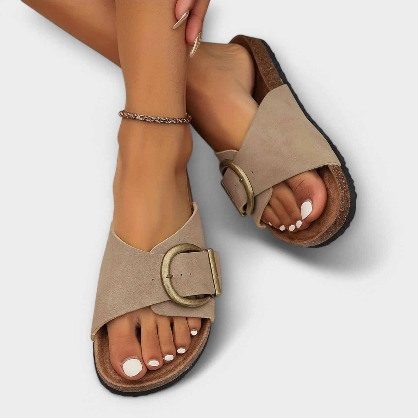 Clara – Sandalias de corcho estilo pantufla para mujer con diseño de hebilla