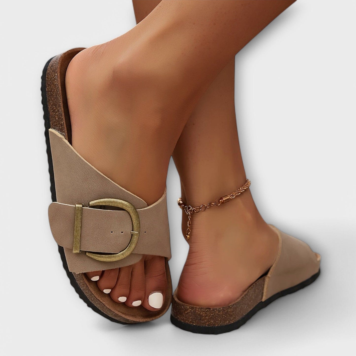 Clara – Sandalias de corcho estilo pantufla para mujer con diseño de hebilla
