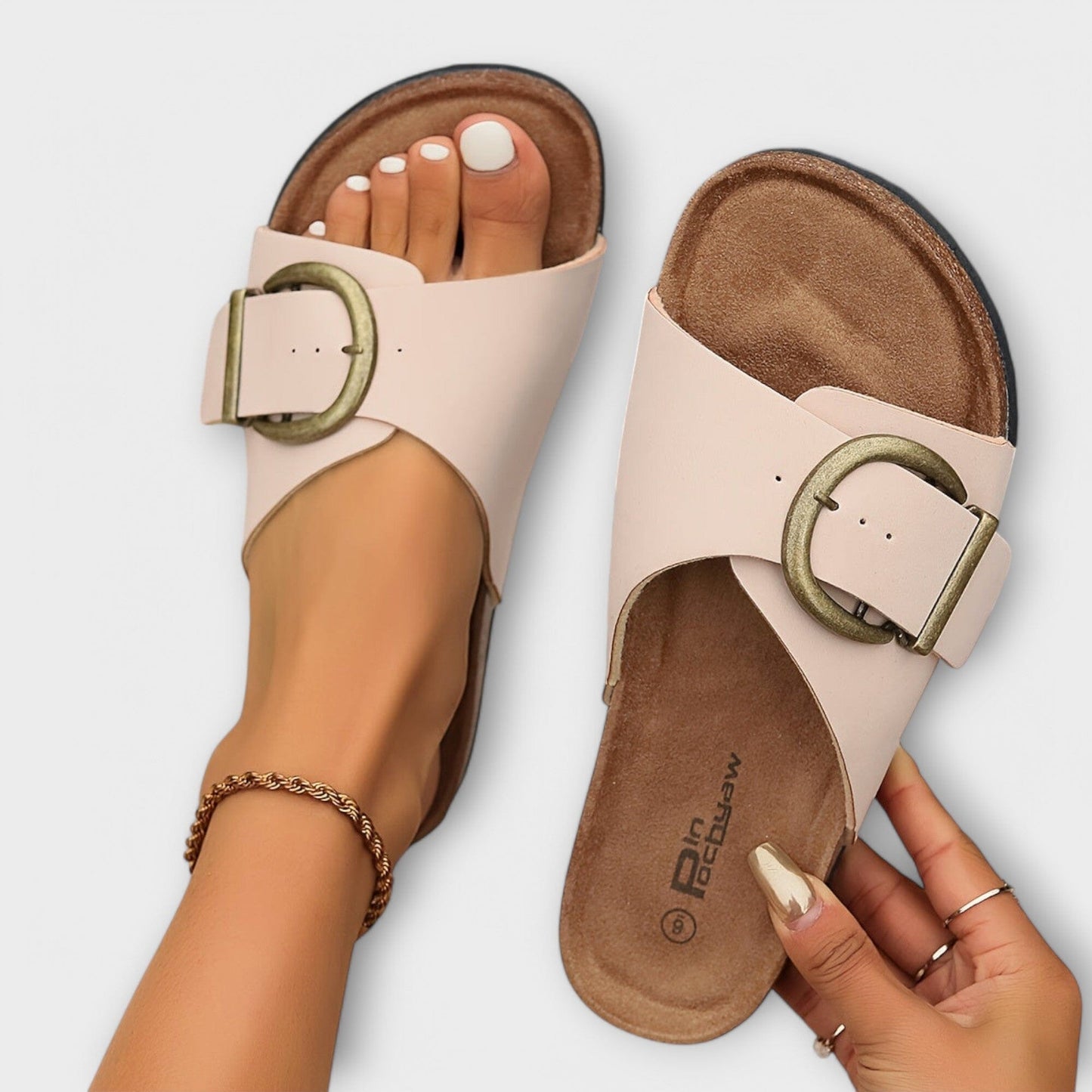 Clara – Sandalias de corcho estilo pantufla para mujer con diseño de hebilla