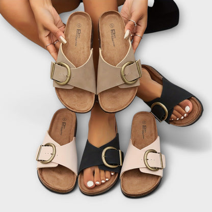 Clara – Sandalias de corcho estilo pantufla para mujer con diseño de hebilla