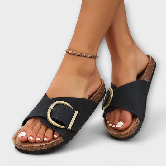 Clara – Sandalias de corcho estilo pantufla para mujer con diseño de hebilla