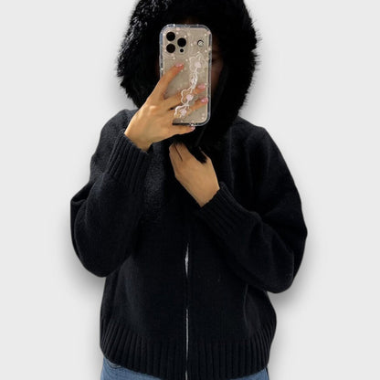 Alisanne - Chaqueta de Punto con Cuello de Piel