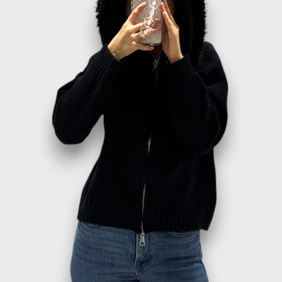 Alisanne - Chaqueta de Punto con Cuello de Piel