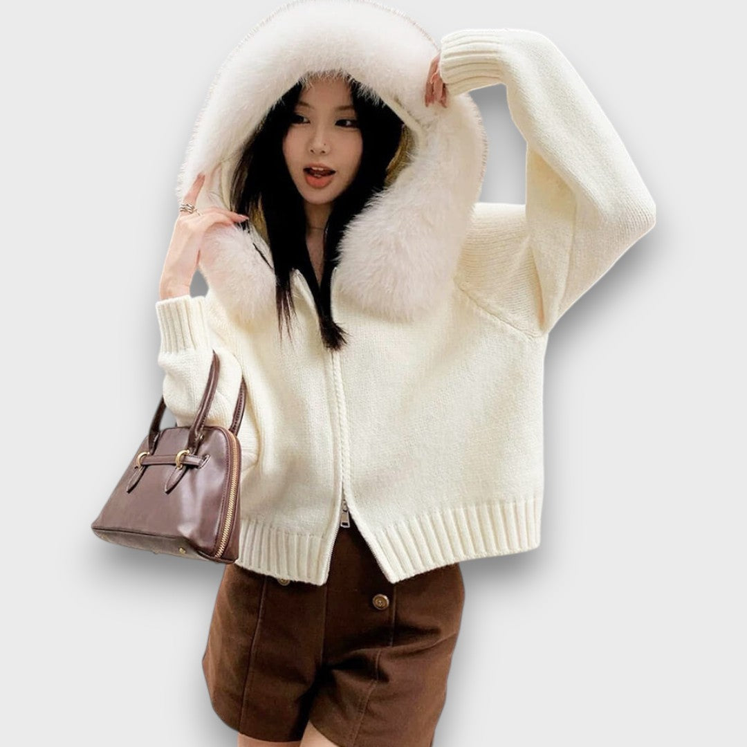 Alisanne - Chaqueta de Punto con Cuello de Piel