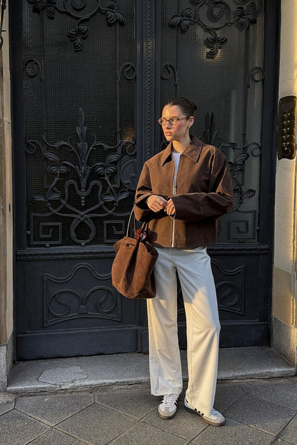 VALIRA Chaqueta de Ante Sintético con Cremallera Elegante